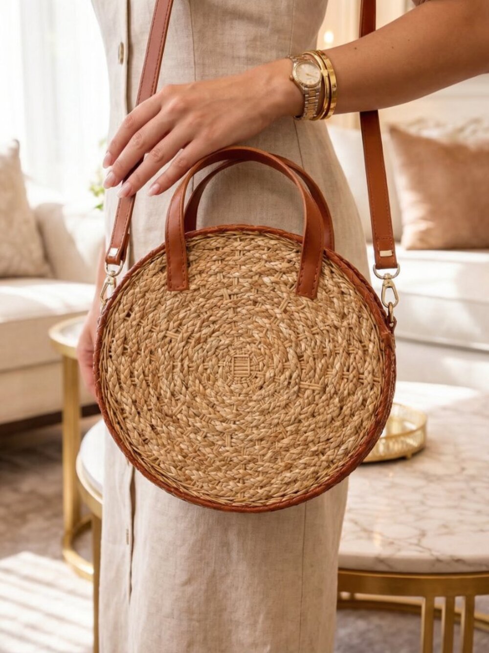 Boutique Woven Canteen Crossbody Bag Round Straw Cognac Trim Resort Chic NWOT